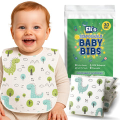Eli with Love Dino bib featuring crumb catcher for quick cleanup during meals.