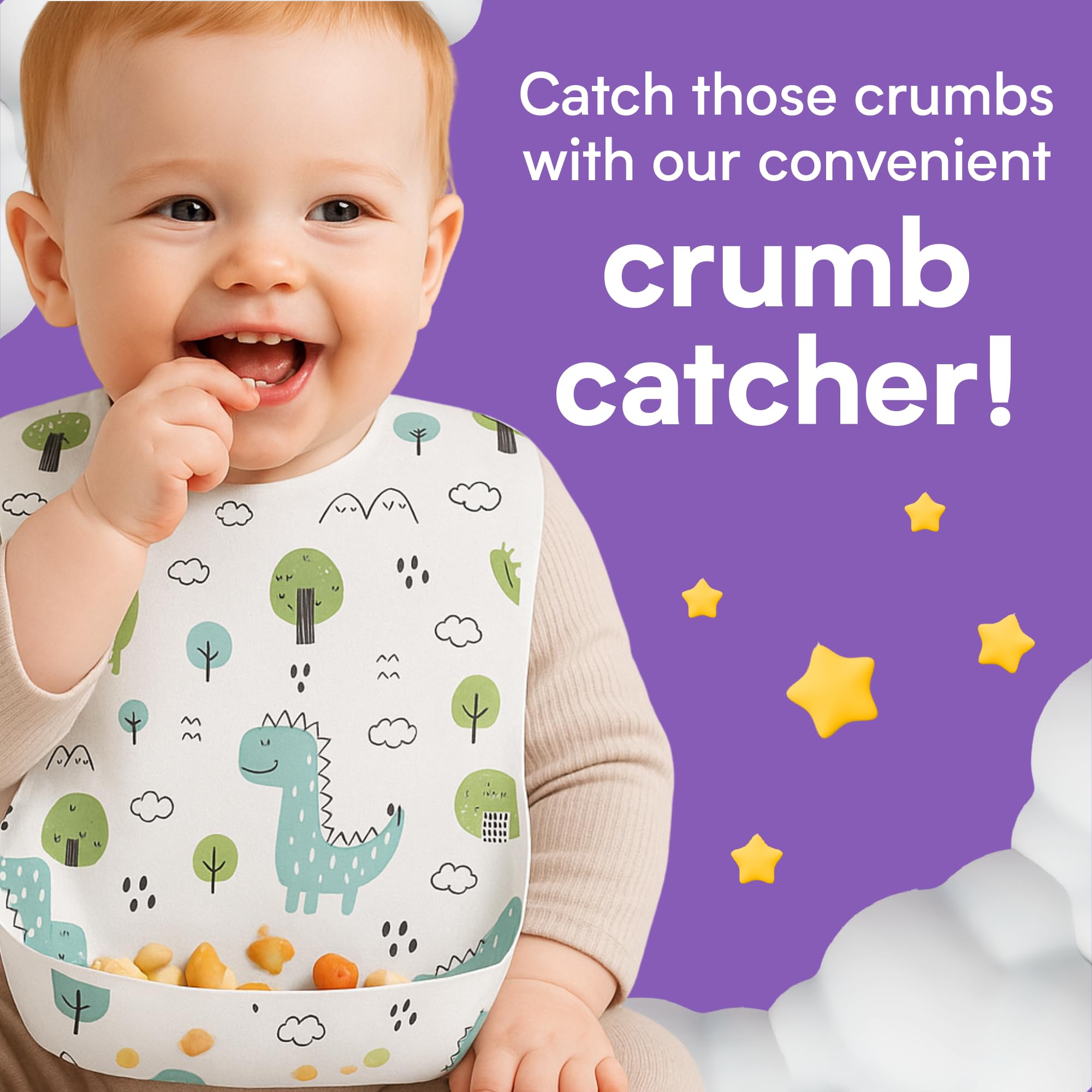 Eli with Love Dino bib secure tie-back holds the bib in place as your child eats.