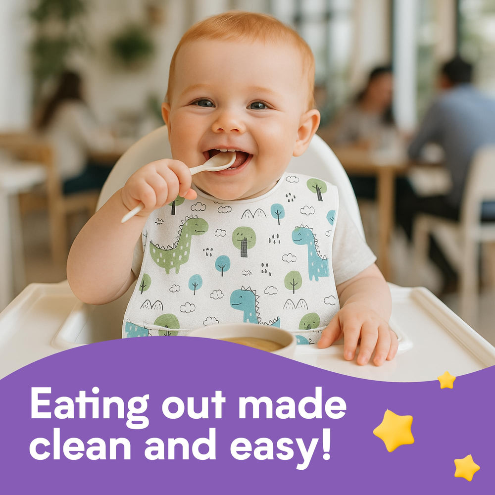 Eli with Love Dino bib travel pack ready for on-the-go feeding adventures.
