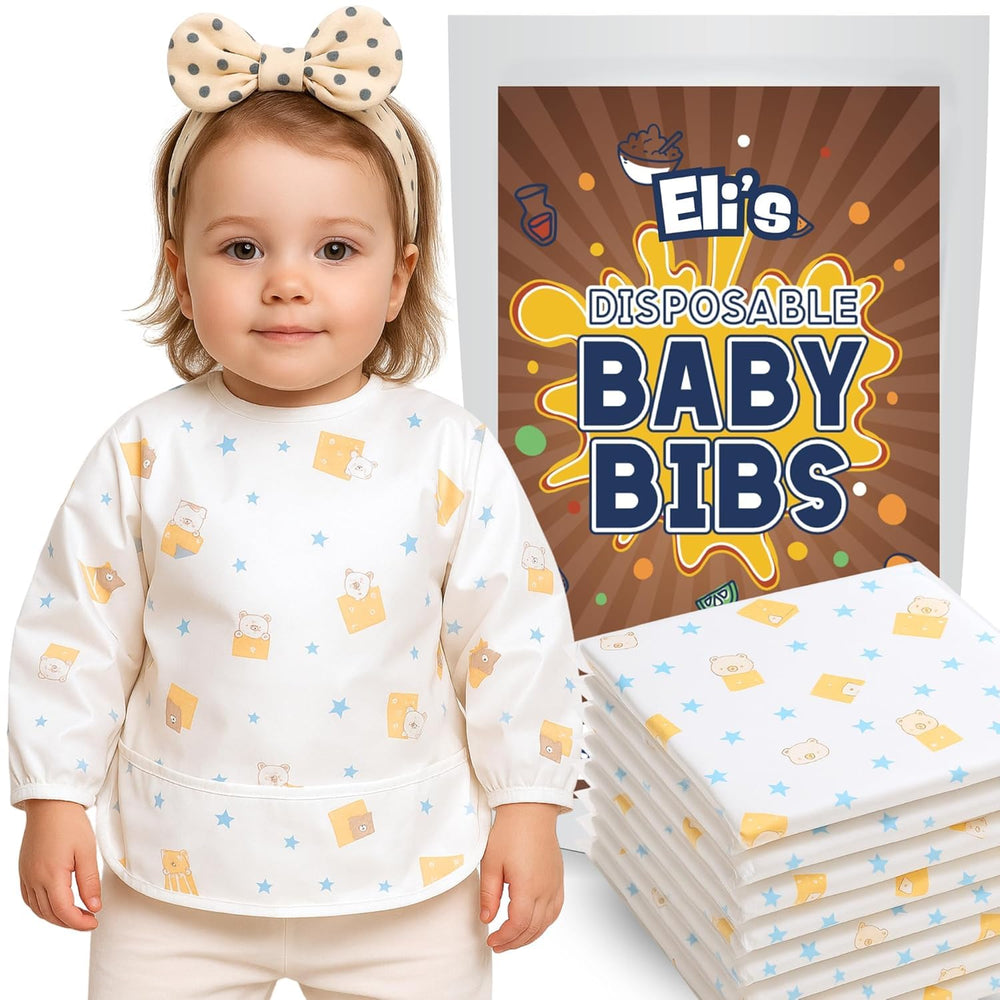 Eli with Love disposable bibs wrapped for travel and on-the-go feeding