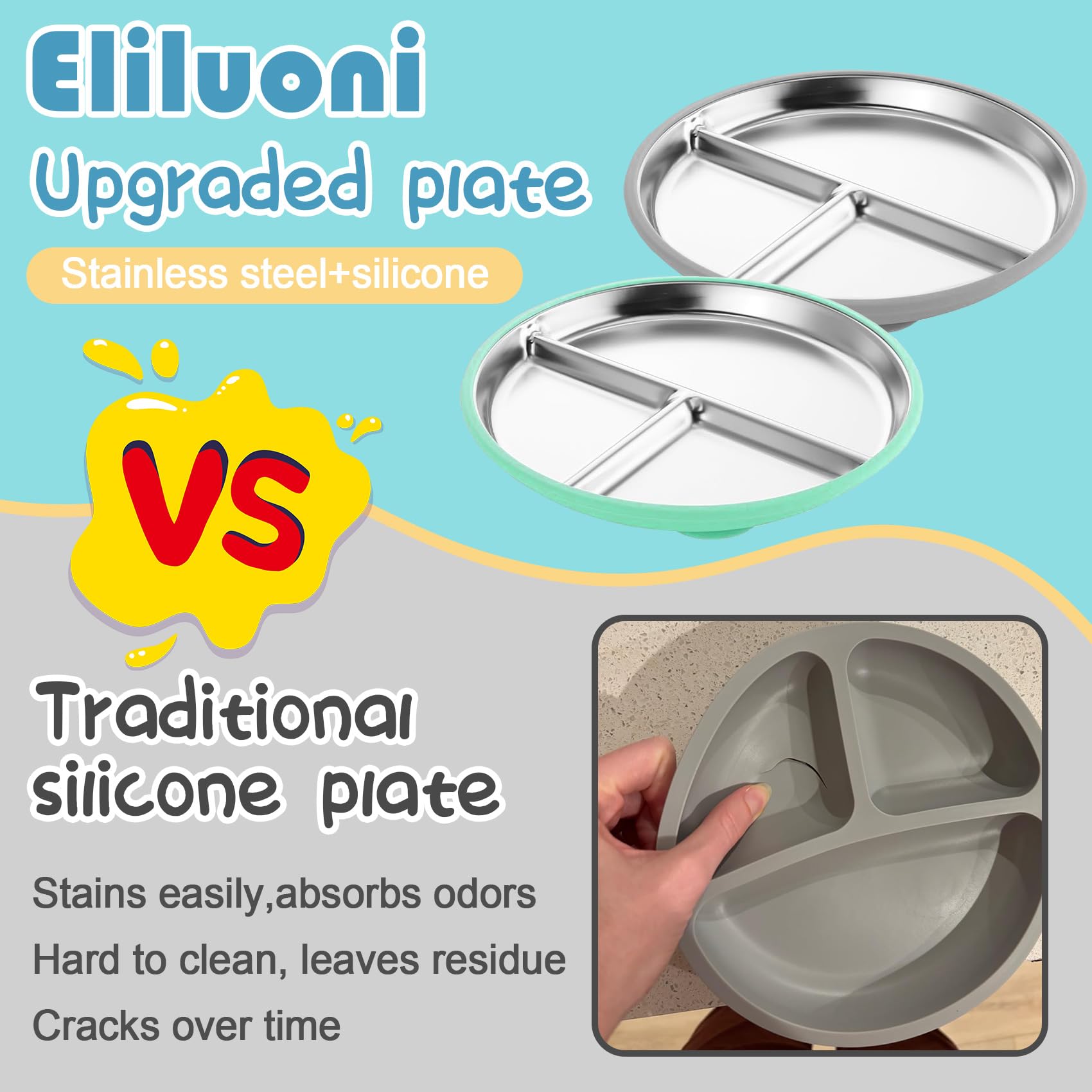 Eliluoni divided design keeps mains and sides separated for easy mealtimes.
