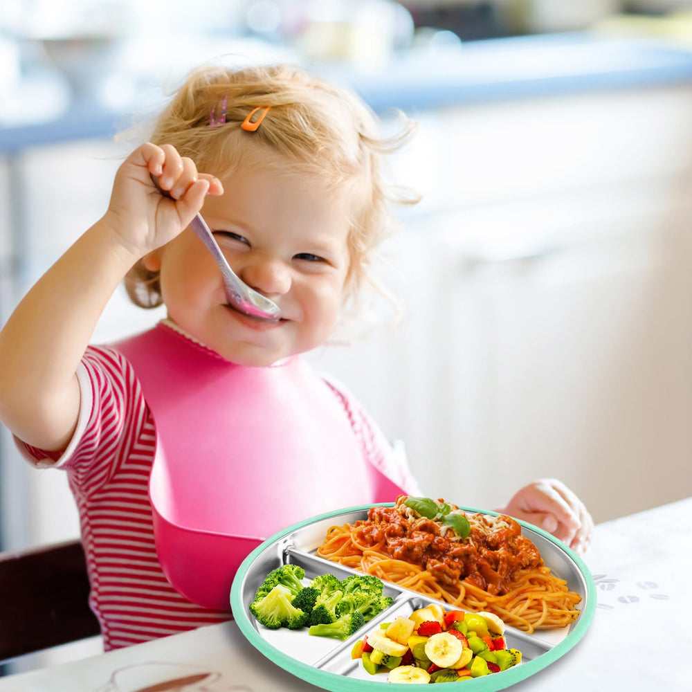 Eliluoni 9-inch plates fit standard trays and high chairs for versatile meals.