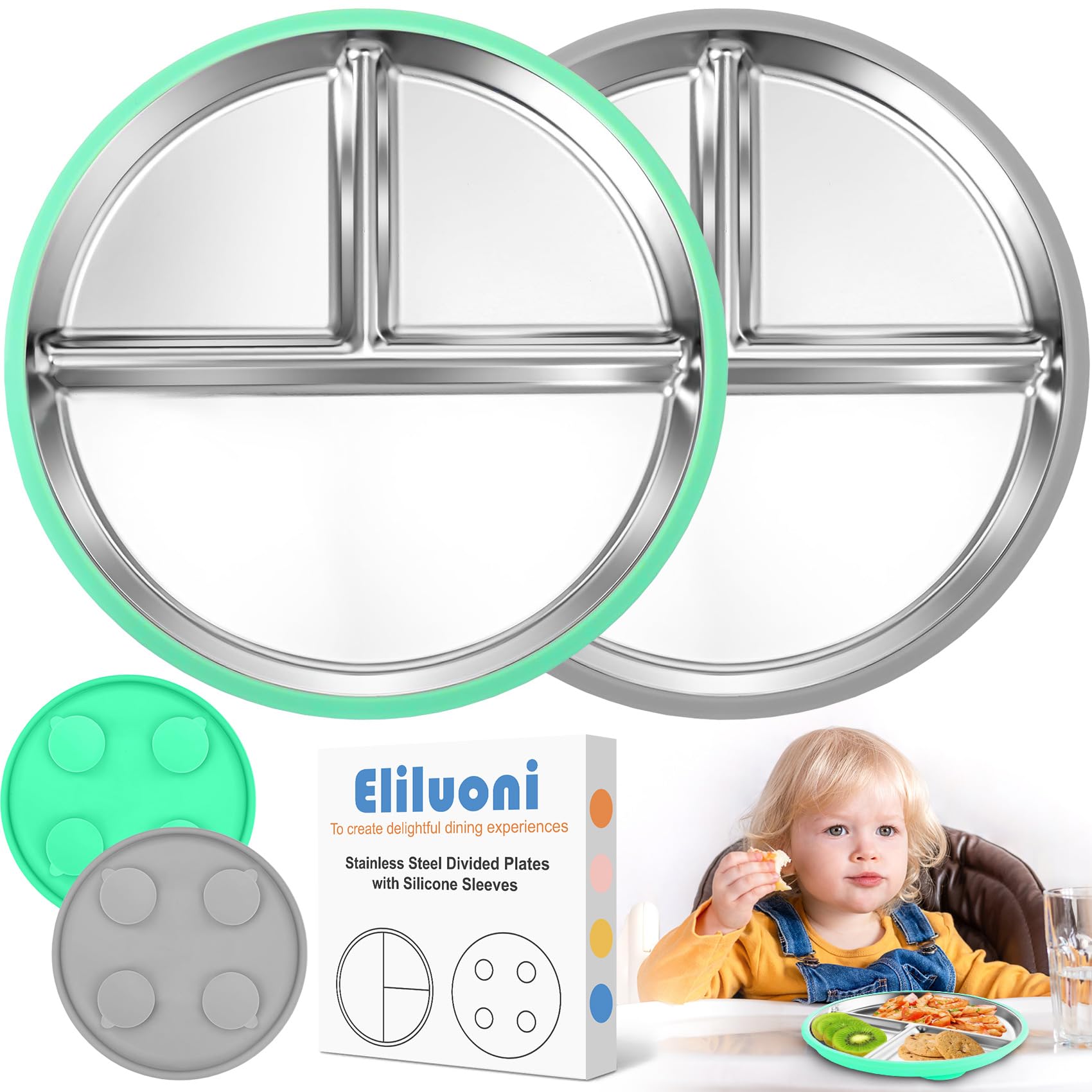 Eliluoni stainless steel kids plates with suction base for spill-free meals.