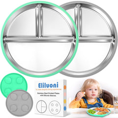 Eliluoni stainless steel kids plates with suction base for spill-free meals.