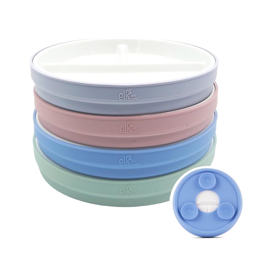 Elk and Friends 6.7-inch divided plate with suction sleeve keeps meals tidy for toddlers.