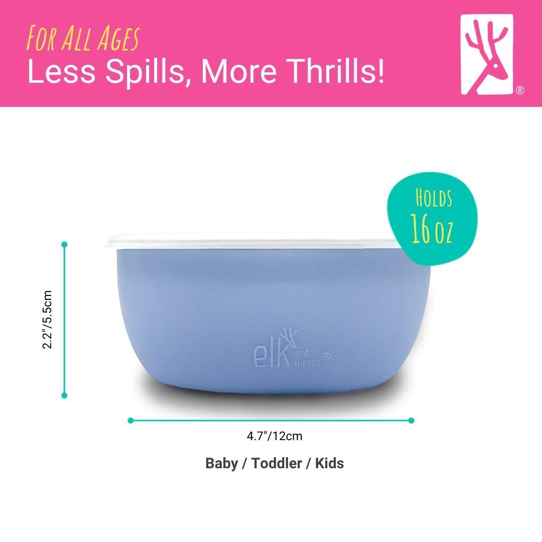 Elk and Friends baby mealtime setup with silicone sleeves for little hands