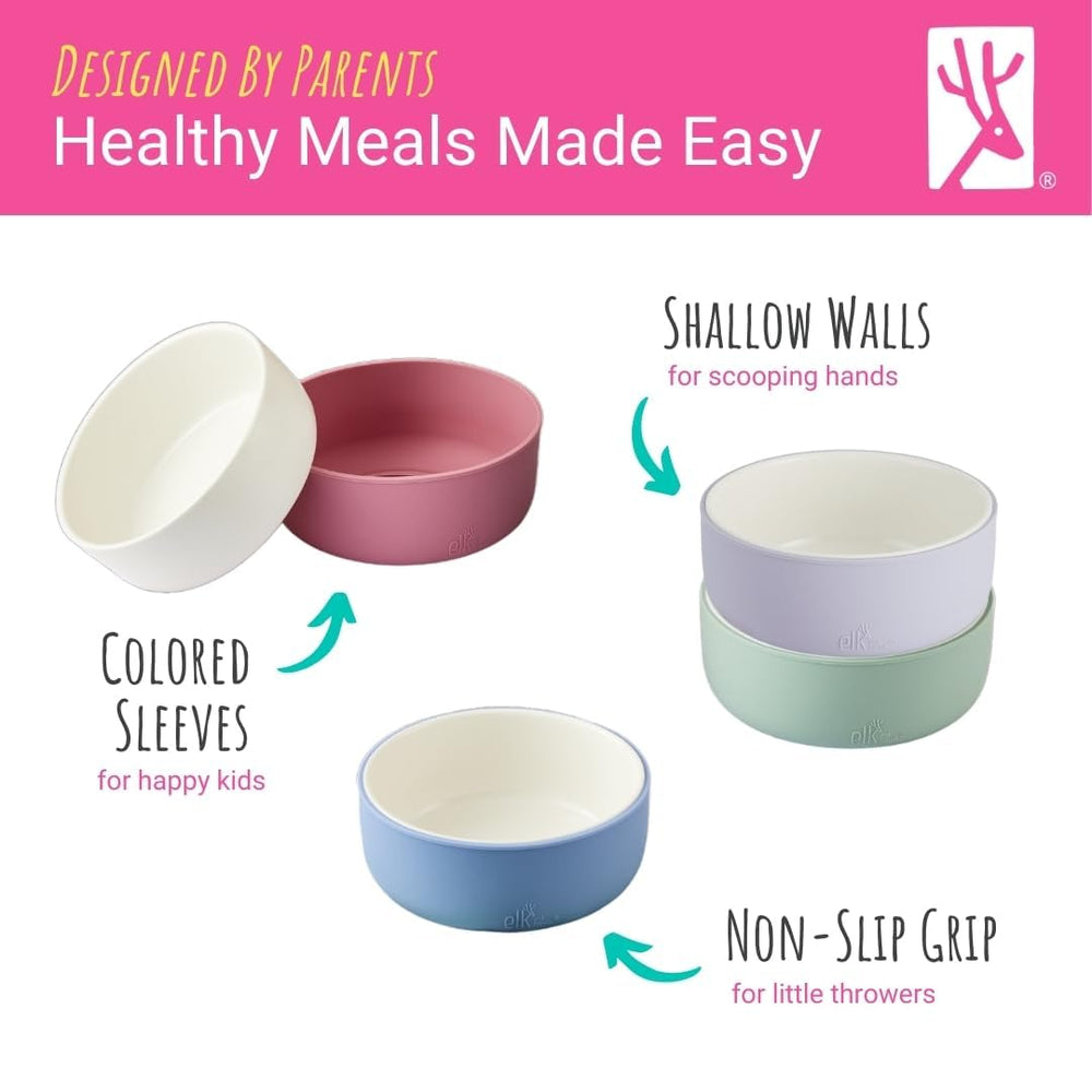 Elk and Friends bowl with silicone sleeve stays on during dishwasher cleaning.