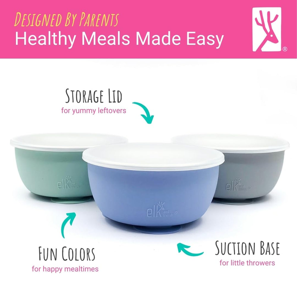 Elk and Friends 3-point suction base keeps bowls steady during meals.