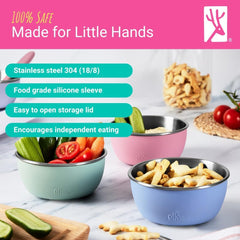 Elk and Friends bowl with grip-friendly silicone sleeve on table during mealtime