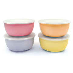Elk and Friends stainless steel bowl with silicone sleeve close-up showing secure grip for easy self-feeding