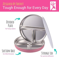 Two side compartments separate veggies and snacks for self-feeding.