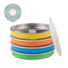 Elk and Friends divided plate with silicone sleeve in use promoting steady meals.