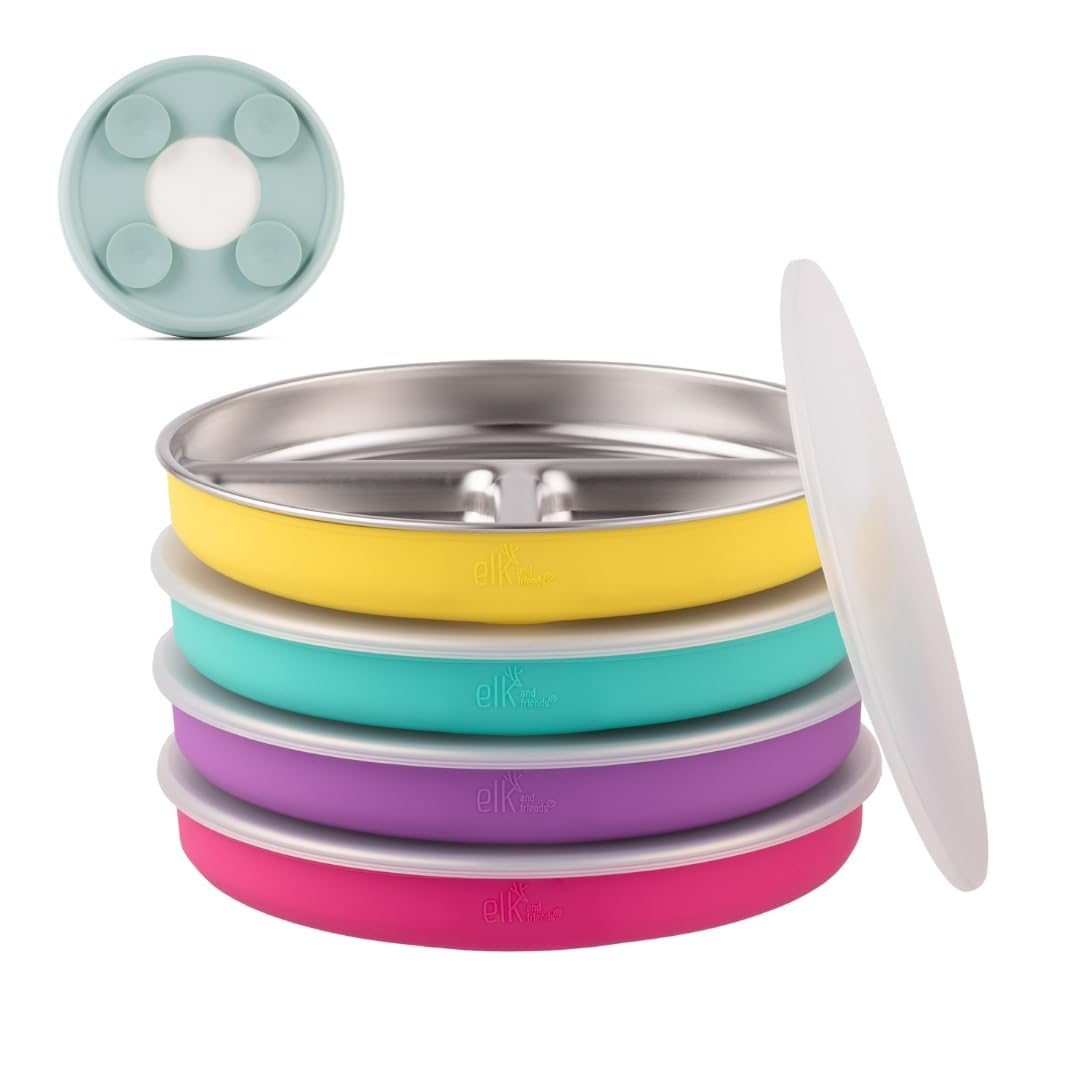 Elk and Friends divided plate in stainless steel with suction base keeps meals tidy for toddlers.