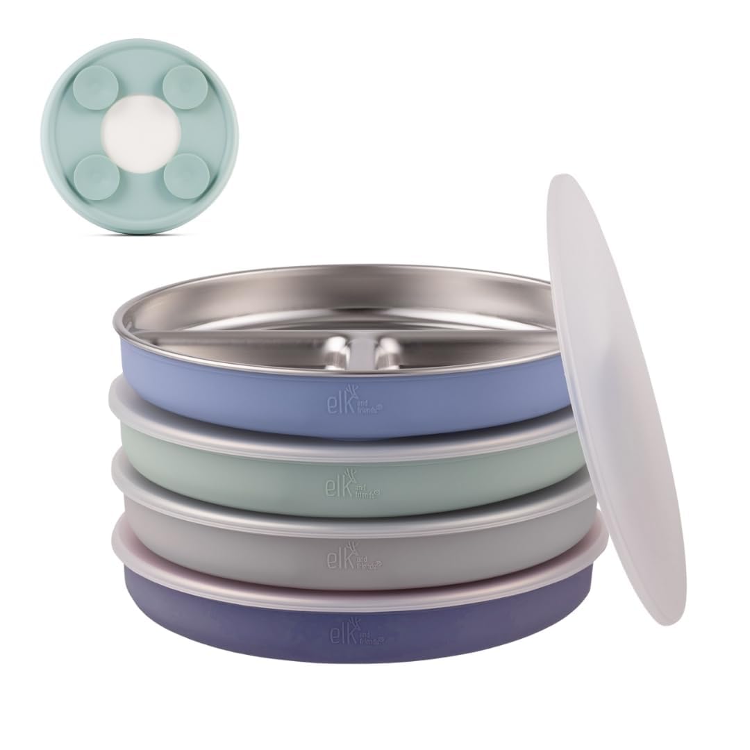 Elk and Friends divided plate with suction base on table prevents spills