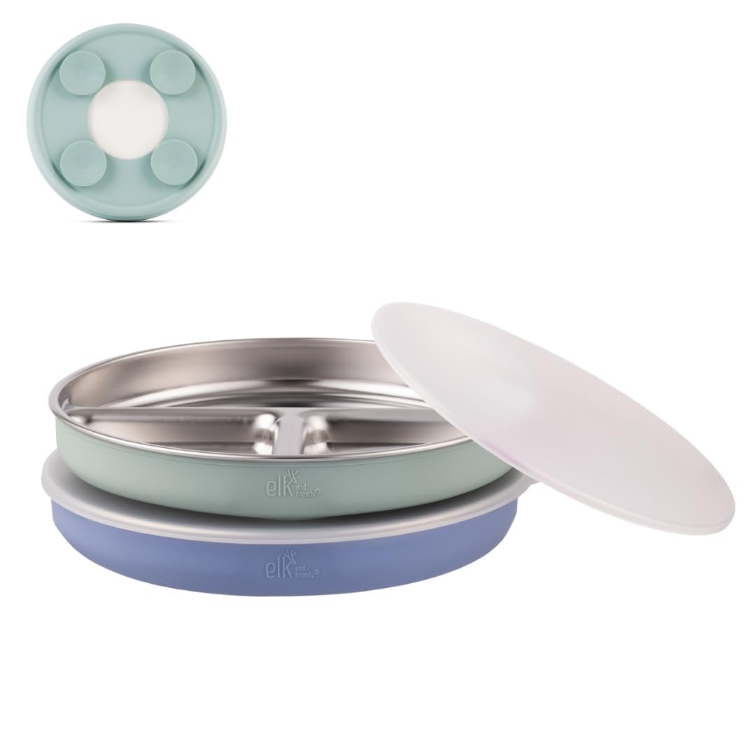 Elk and Friends divided plate in use with suction to prevent spills.