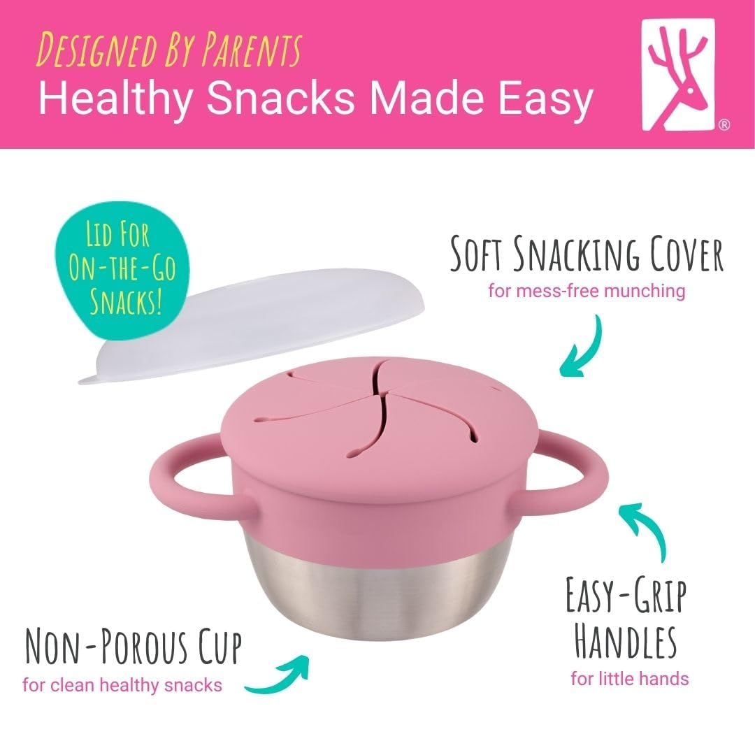 Elk and Friends easy-grip handles support little hands during snacks.