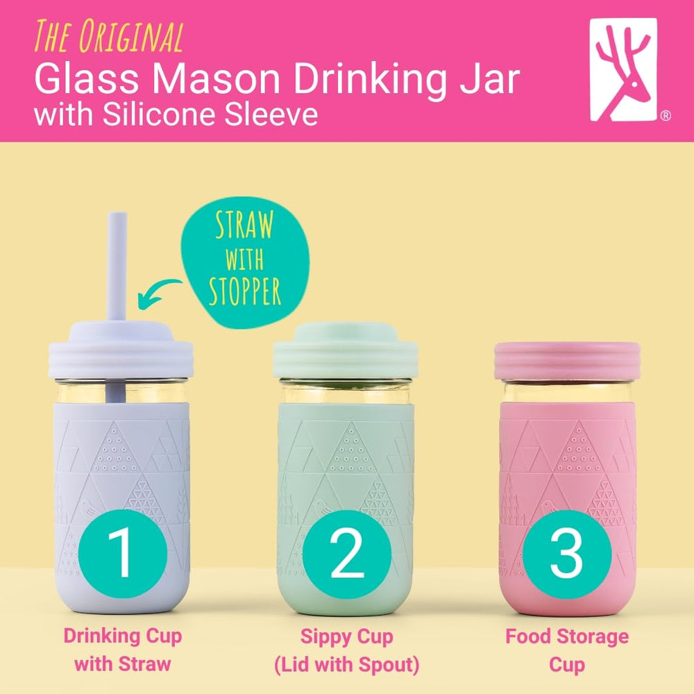 Elk and Friends glass mason jar with silicone sleeve for a safe, comfortable grip.