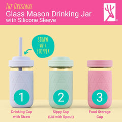 Elk and Friends glass mason jar with silicone sleeve for a safe, comfortable grip.