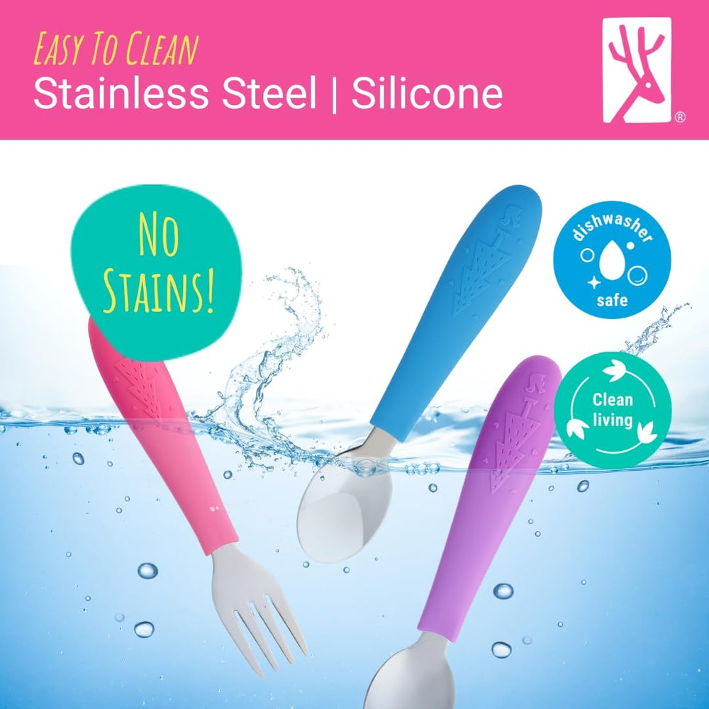 Elk and Friends kid friendly non slip grip aids tiny hands during meals.