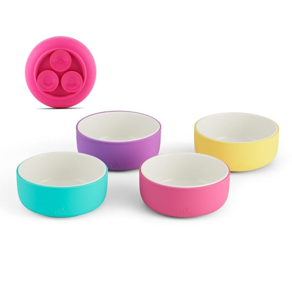 Elk and Friends kids porcelain bowls with suction sleeve front view showing non-slip design