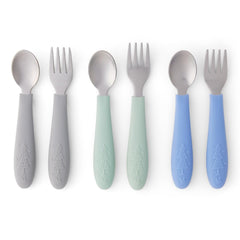 Elk and Friends kids silverware with silicone handle pack shot showing kid-friendly, easy-to-grip utensils.