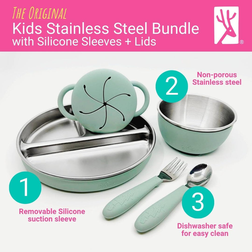 Elk and Friends mealtime bowls with lids prevent spills