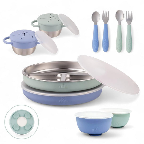 Elk and Friends mealtime plates with suction sleeves keep meals steady