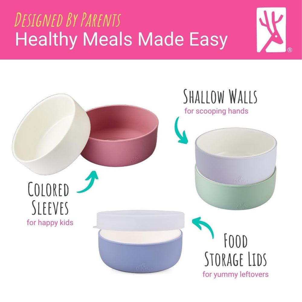 Elk and Friends microwave-safe porcelain bowls with silicone sleeves for quick reheats.