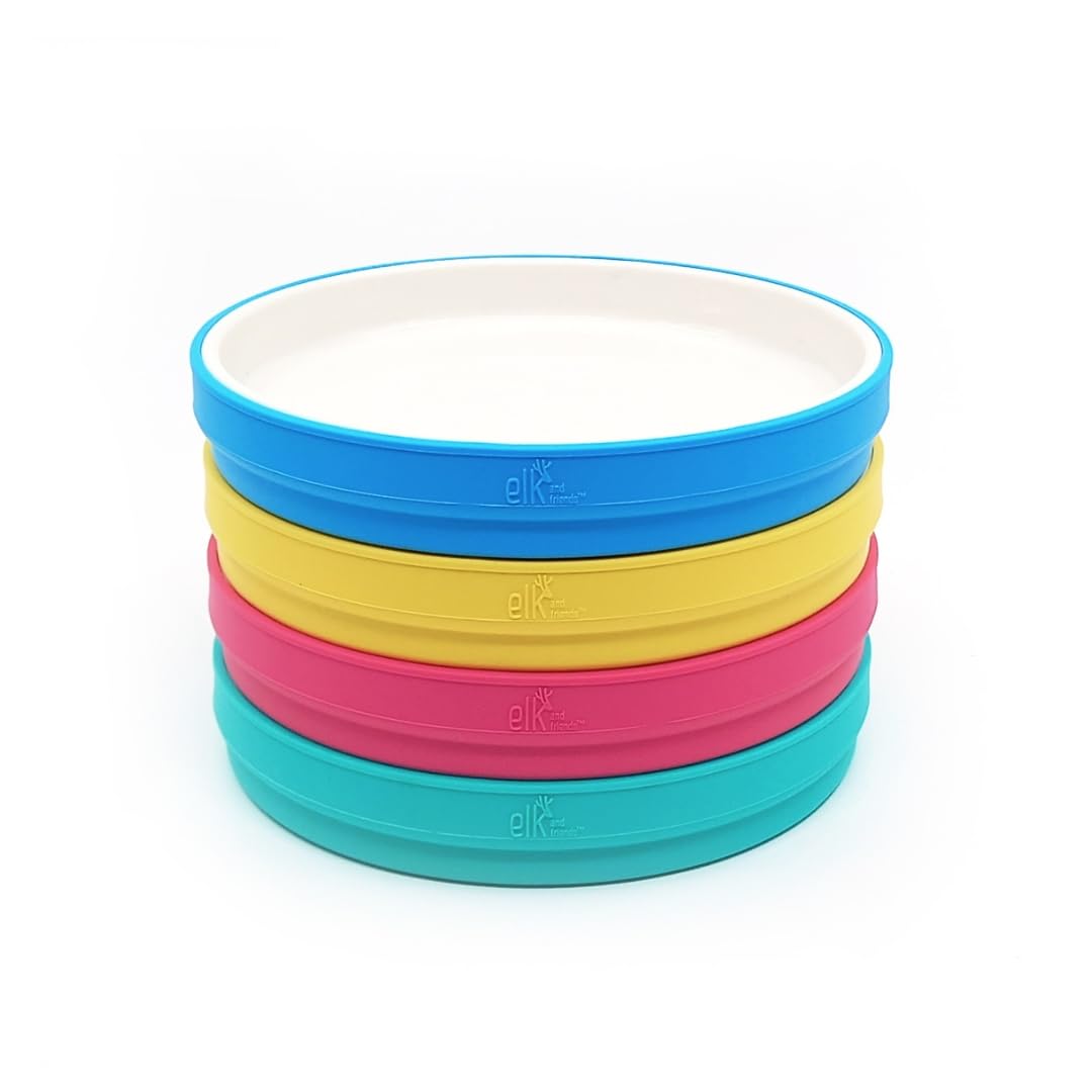 Elk and Friends plate with silicone sleeve closeup for easy self-feeding.