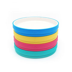 Elk and Friends plate with silicone sleeve closeup for easy self-feeding.
