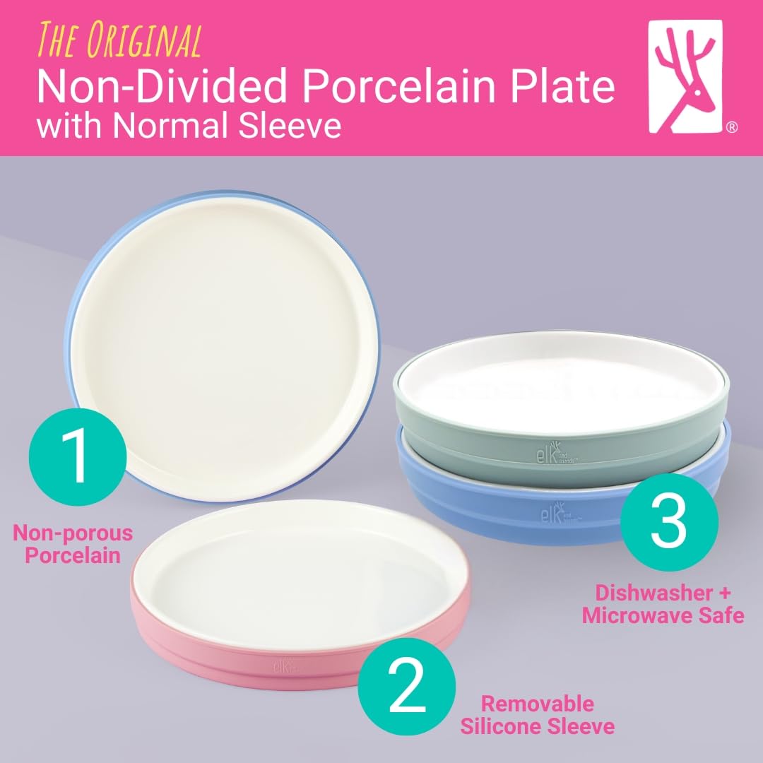 Elk and Friends plate silicone sleeve grip closeup for steady meals.