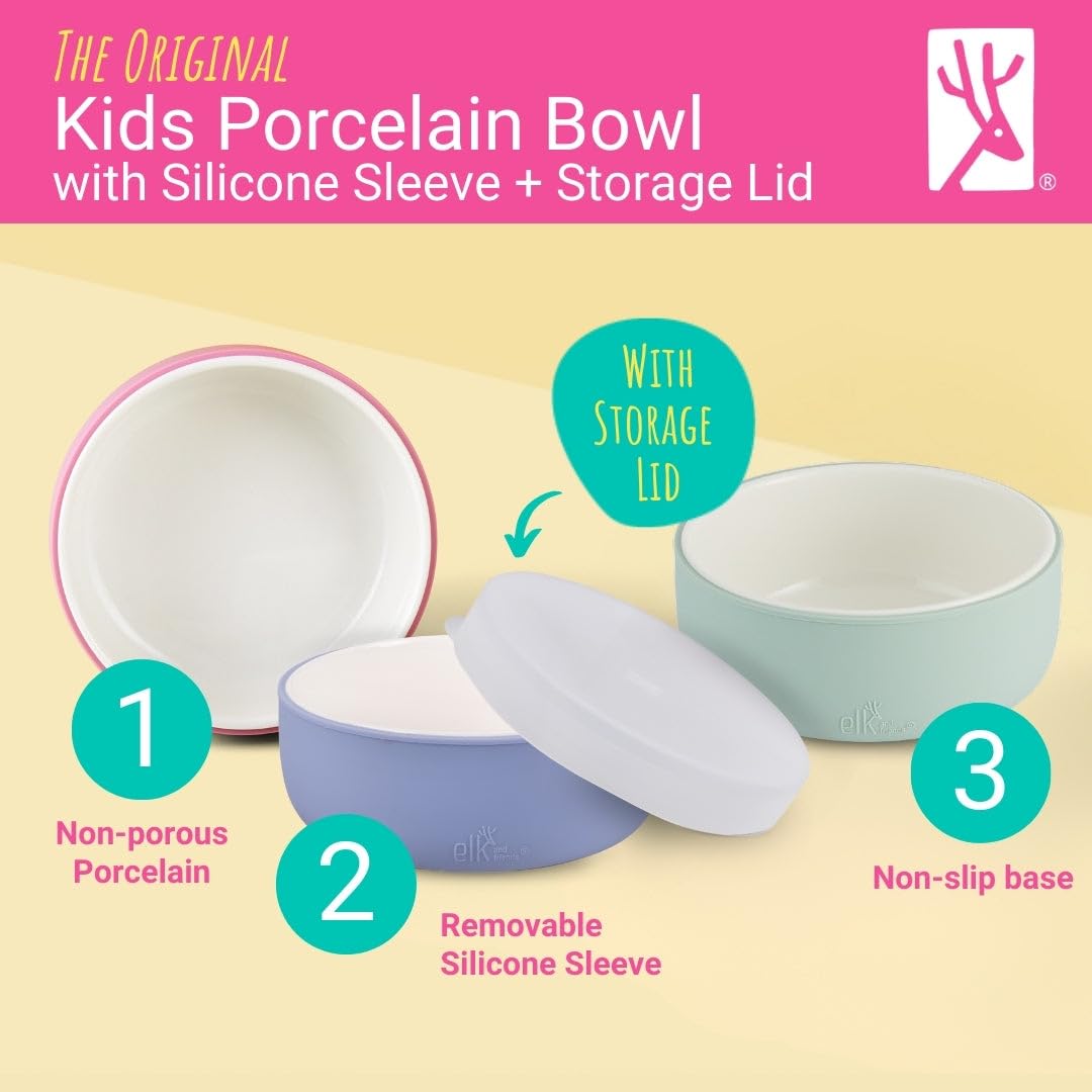 Elk and Friends silicone-sleeve bowls offer non-slip stability during toddler mealtime.