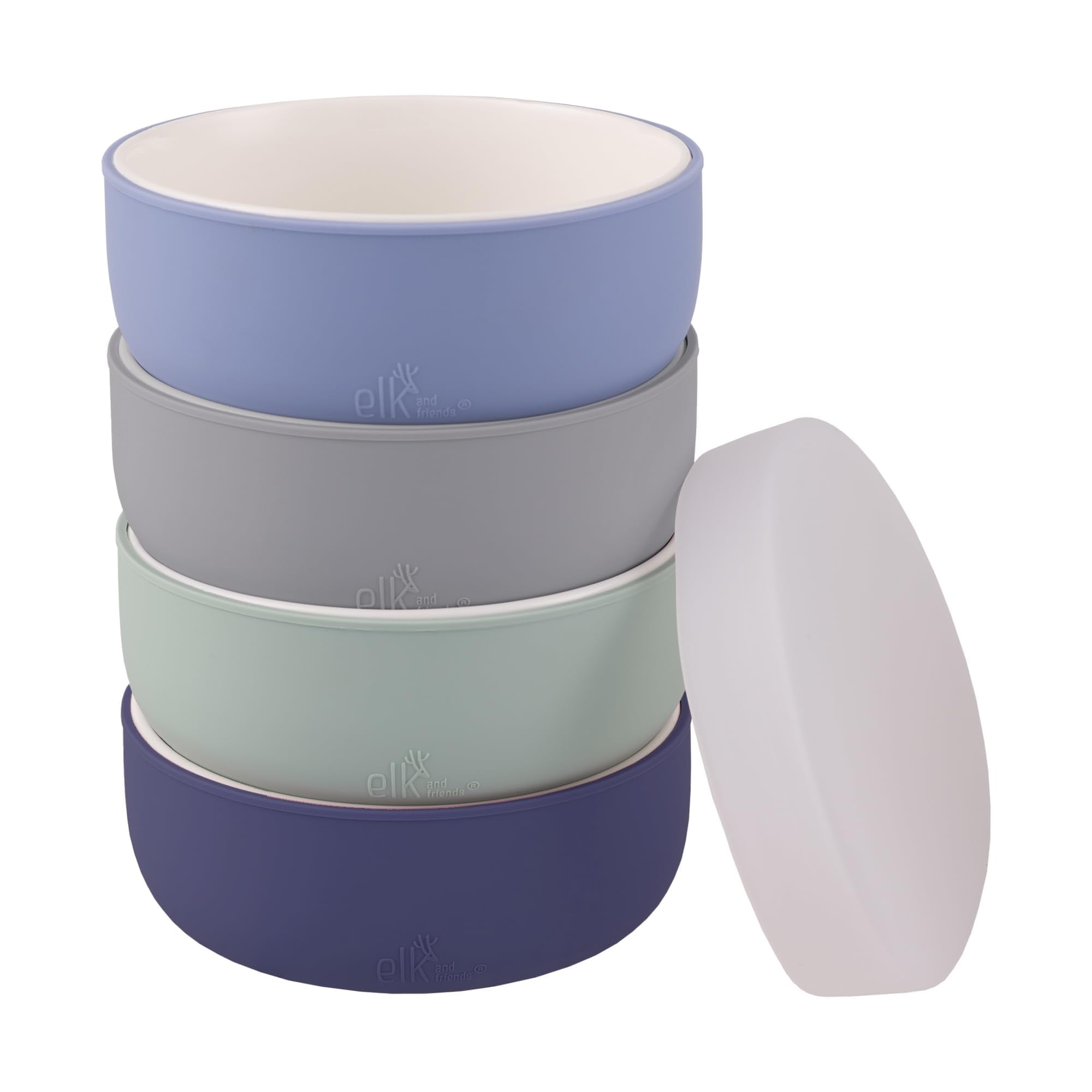 Elk and Friends porcelain bowls with silicone sleeve set provide a secure grip for mess-free meals.