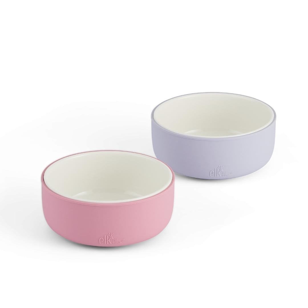 Elk and Friends porcelain bowls with silicone sleeve offer a non-slip grip for mess-free meals.