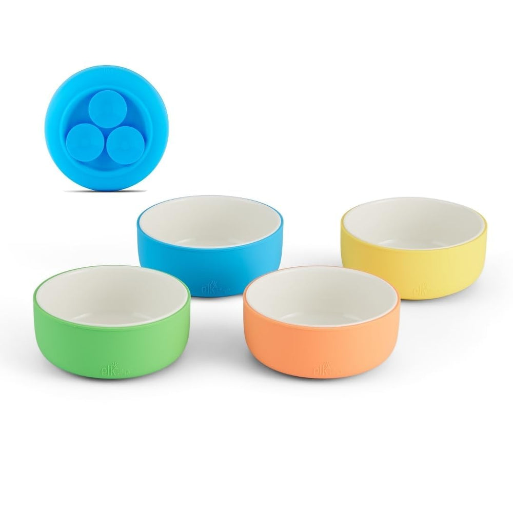 Elk and Friends porcelain bowls with silicone suction sleeve keep mealtime steady for little eaters.