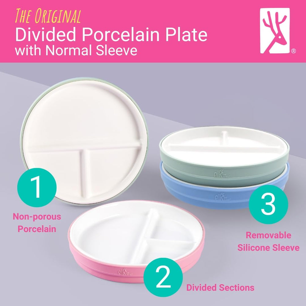 Elk and Friends silicone sleeve on plate enhances grip for small hands