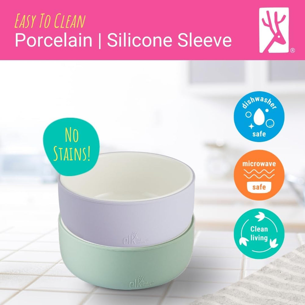 Elk and Friends silicone sleeve adds protection and improves grip during meals.