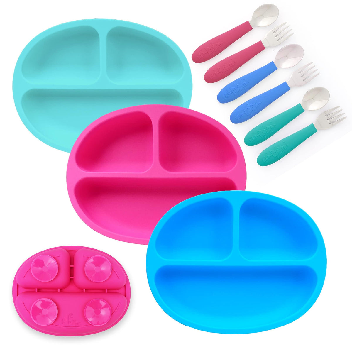 Elk and Friends silicone suction plate with divided sections for mess-free meals.