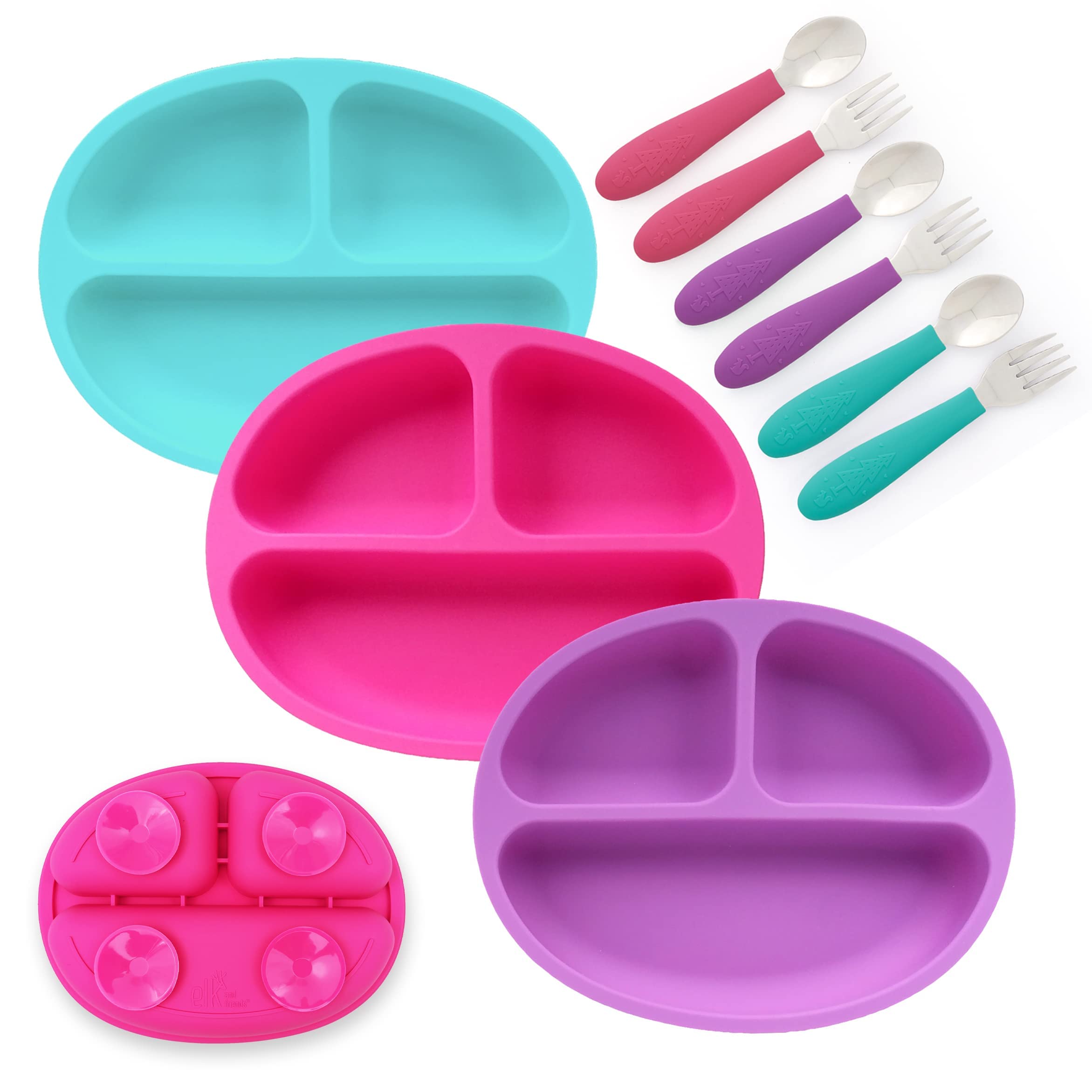 Elk and Friends silicone suction plate with divided sections for mess-free meals.