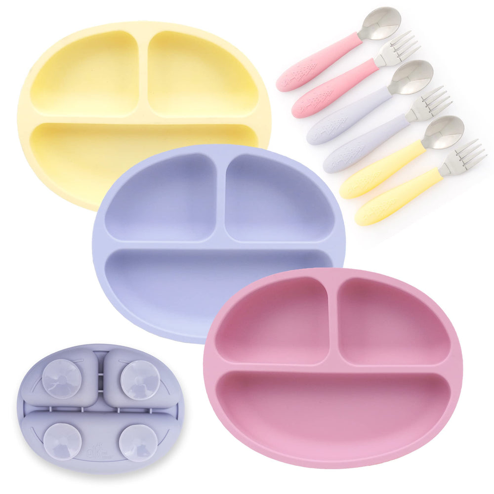 Elk and Friends suction plate in use with toddler for easy grasp