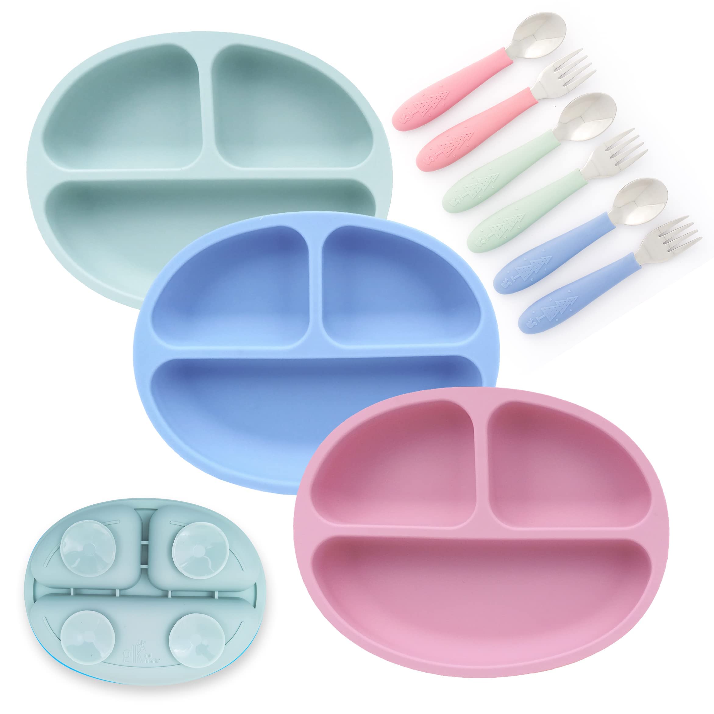 Elk and Friends silicone suction plate secured for mess-free meals