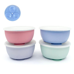 Elk and Friends stainless steel bowls 4-pack with lids and suction for mess-free mealtimes.