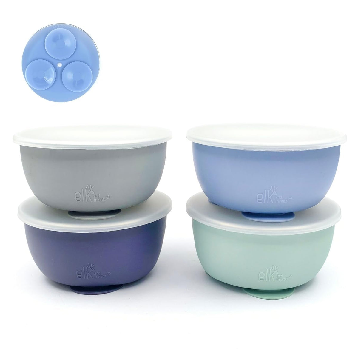 Elk and Friends stainless steel bowls with silicone suction sleeve securing to table for mess-free meals