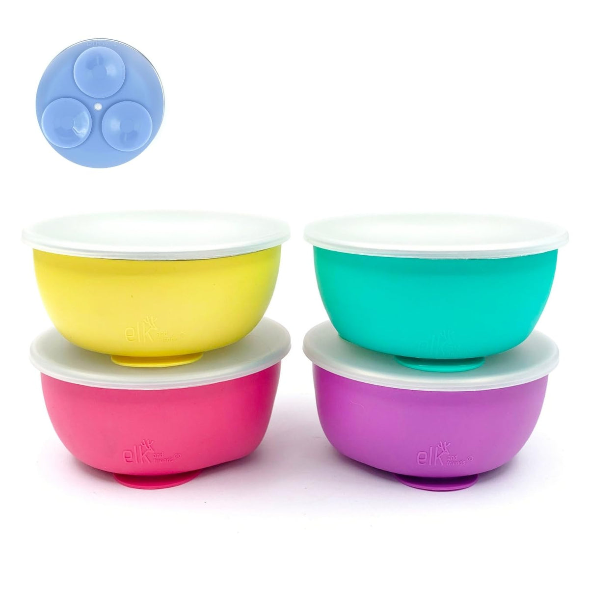 Elk and Friends stainless steel bowls with silicone sleeve and suction stay put on the table.