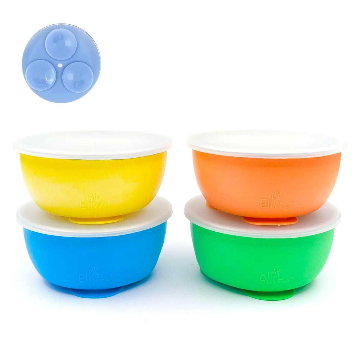 Elk and Friends stainless-steel bowls with silicone sleeve on table for mess-free meals.