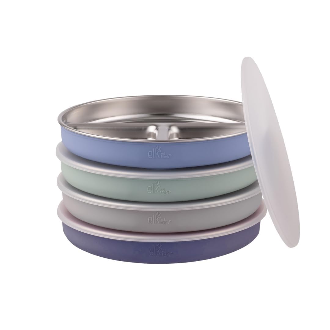 Elk and Friends stainless steel divided plate four-pack keeps meals organized