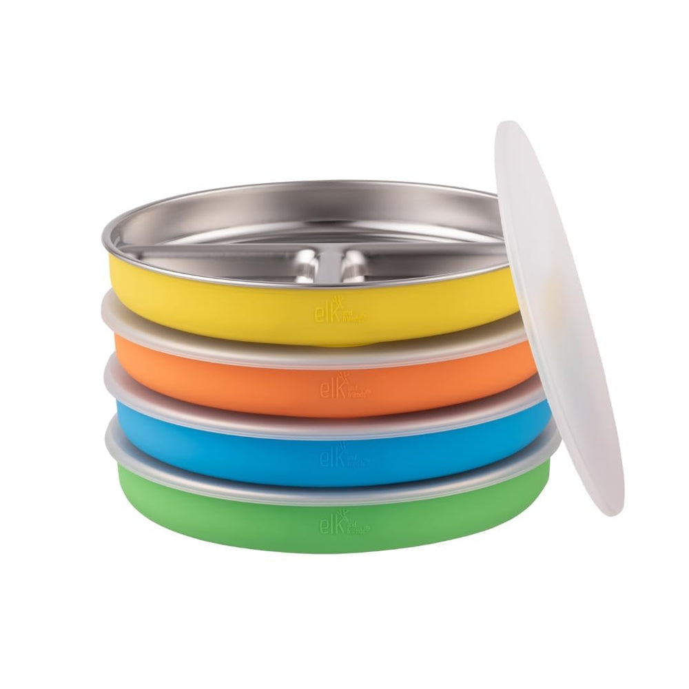 Elk and Friends stainless steel divided plates with lids for babies and toddlers.