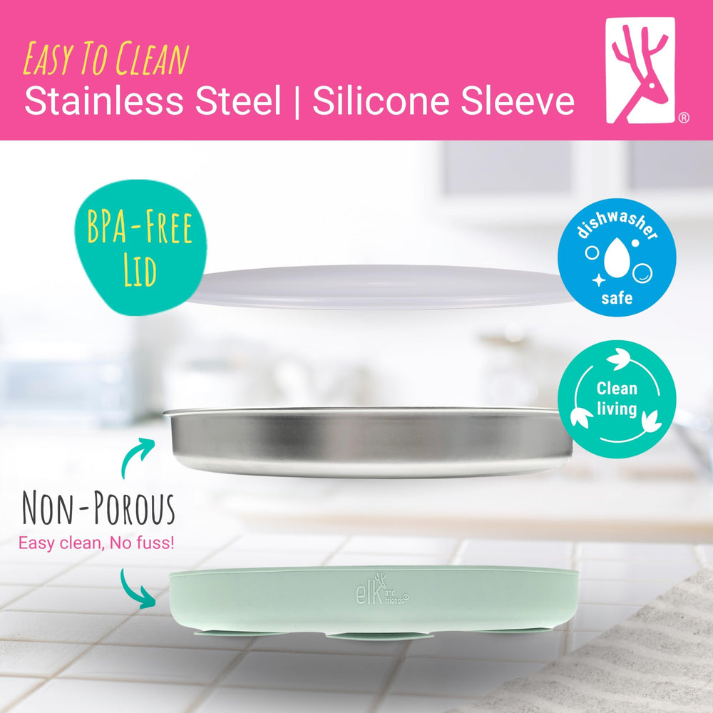 Durable, dishwasher-safe Elk and Friends stainless steel plate