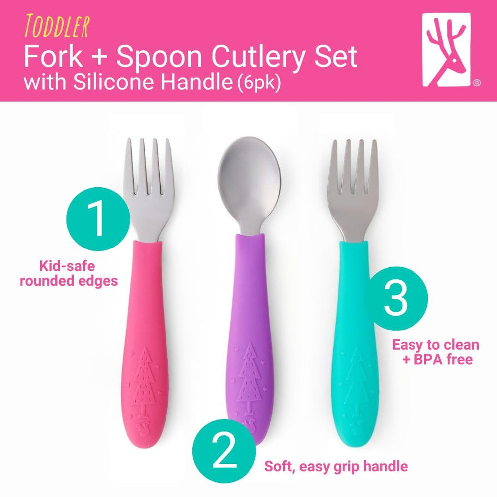 Elk and Friends stainless steel tip spoons highlighting precise scooping for soft foods.