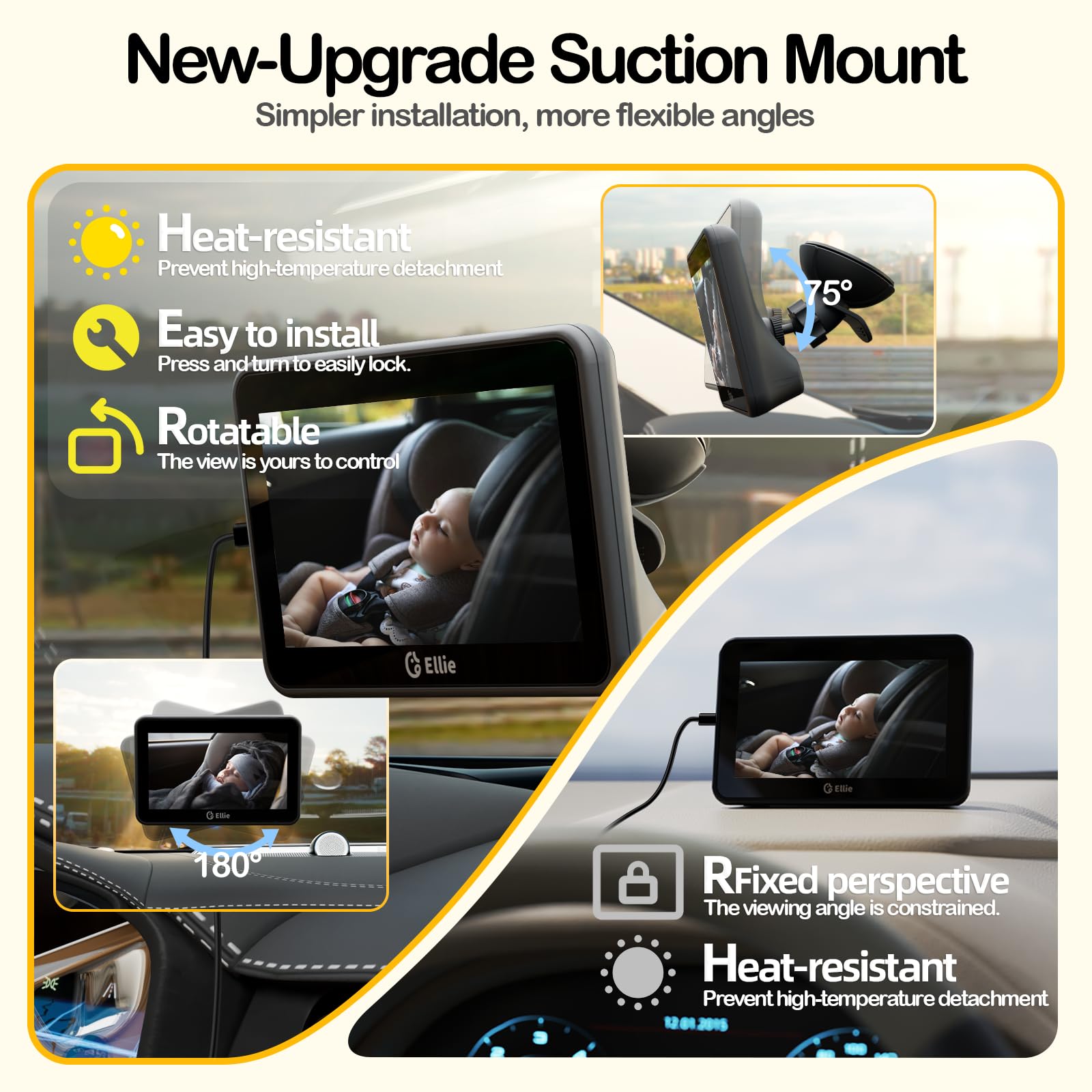 Ellie Baby Car Monitor uses smart face tracking to keep baby's face centered.
